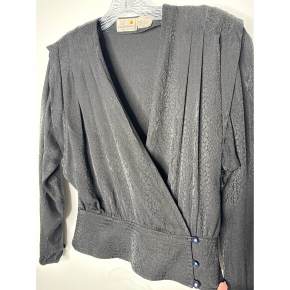 Vintage Liz Claiborne 100% Silk Wrap Blouse Black Jacquard 80s Small - Picture 9 of 13